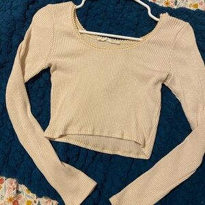 Cream Ribbed Long Sleeve Top